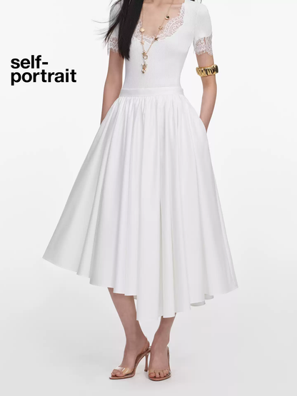 Self-Portrait White Knit Top &amp; White Cotton Poplin Midi Skirt