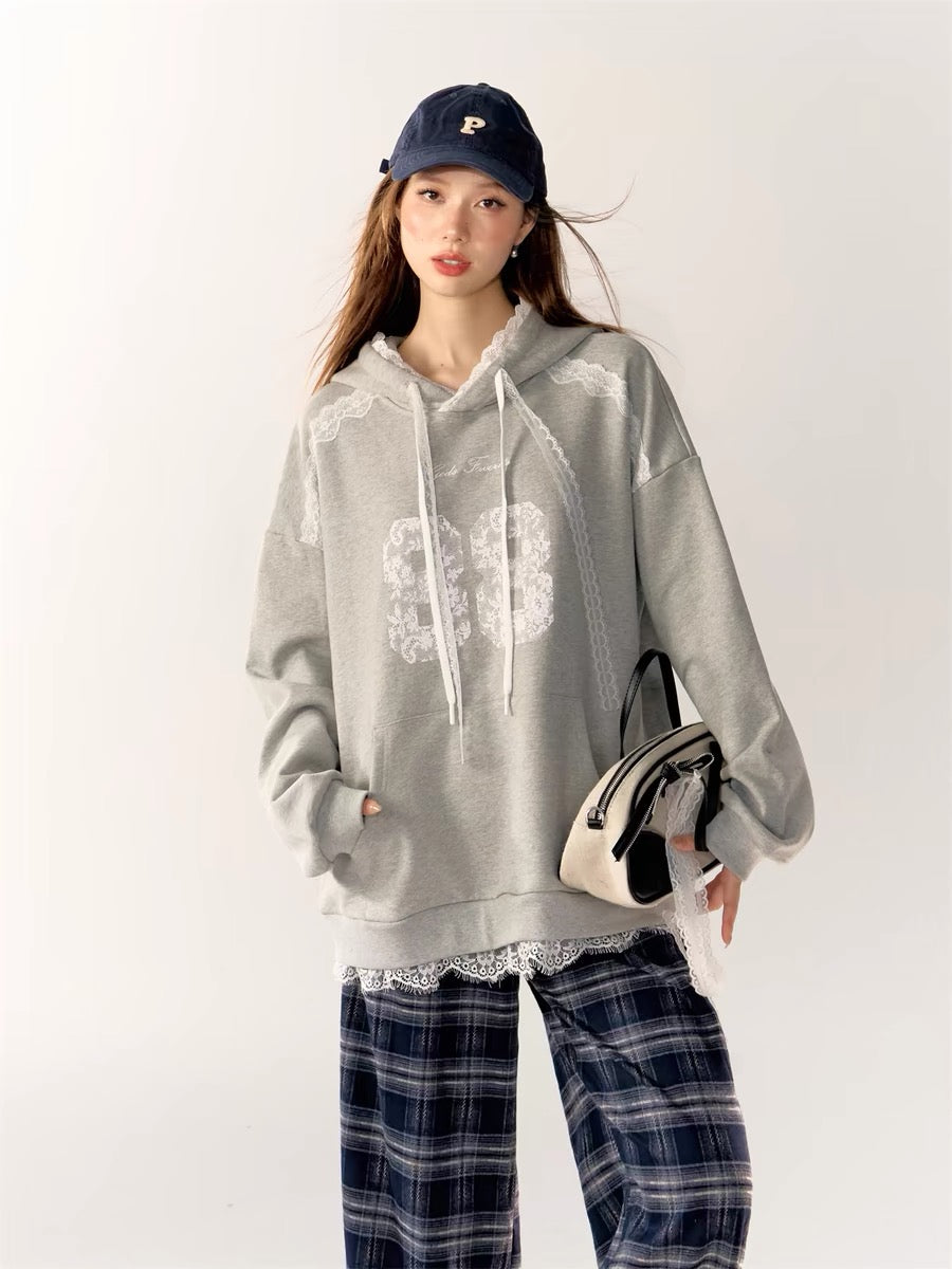 AsGony White Lace Oversize Hoodie