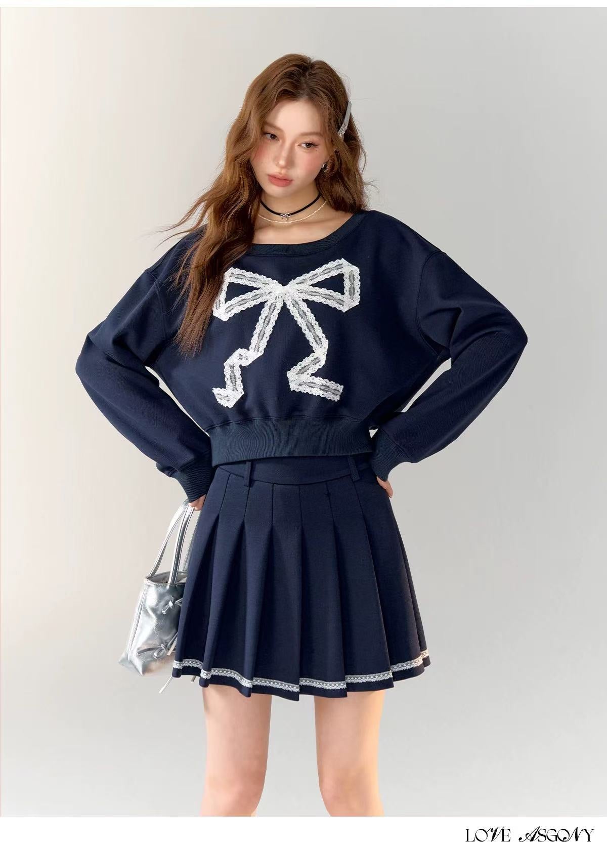 AsGony ASG24715 ASG24716 Preppy style slanted shoulder hoodie + skirt set