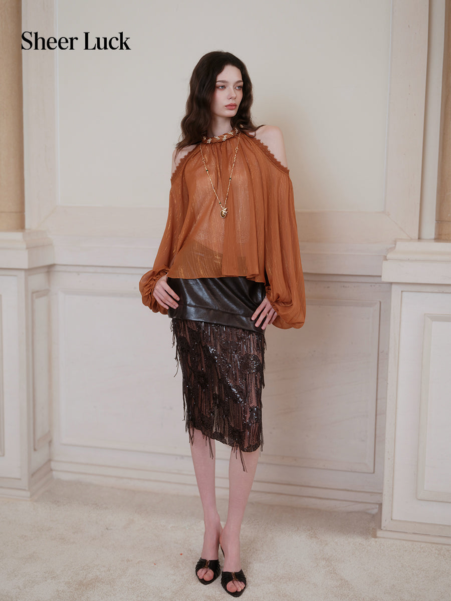 SHEERLUCK SLCS26732 Poesia Off-Shoulder Puff Chiffon Blouse-Caramel