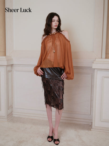 SHEERLUCK SLCS26732 Poesia Off-Shoulder Puff Chiffon Blouse-Caramel