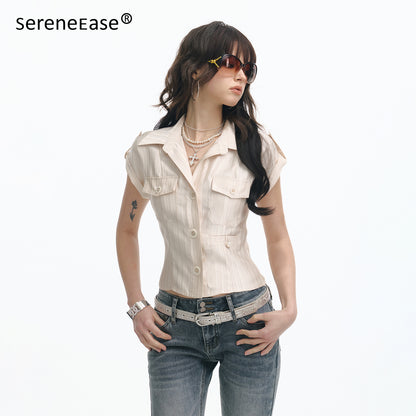 Serene Ease Glossy satin waist cinching short sleeved shirt