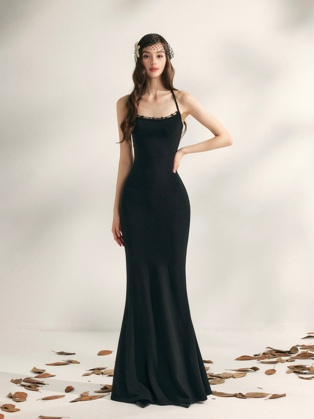 YZZI HE Beaded halter neck knitted fishtail maxi dress