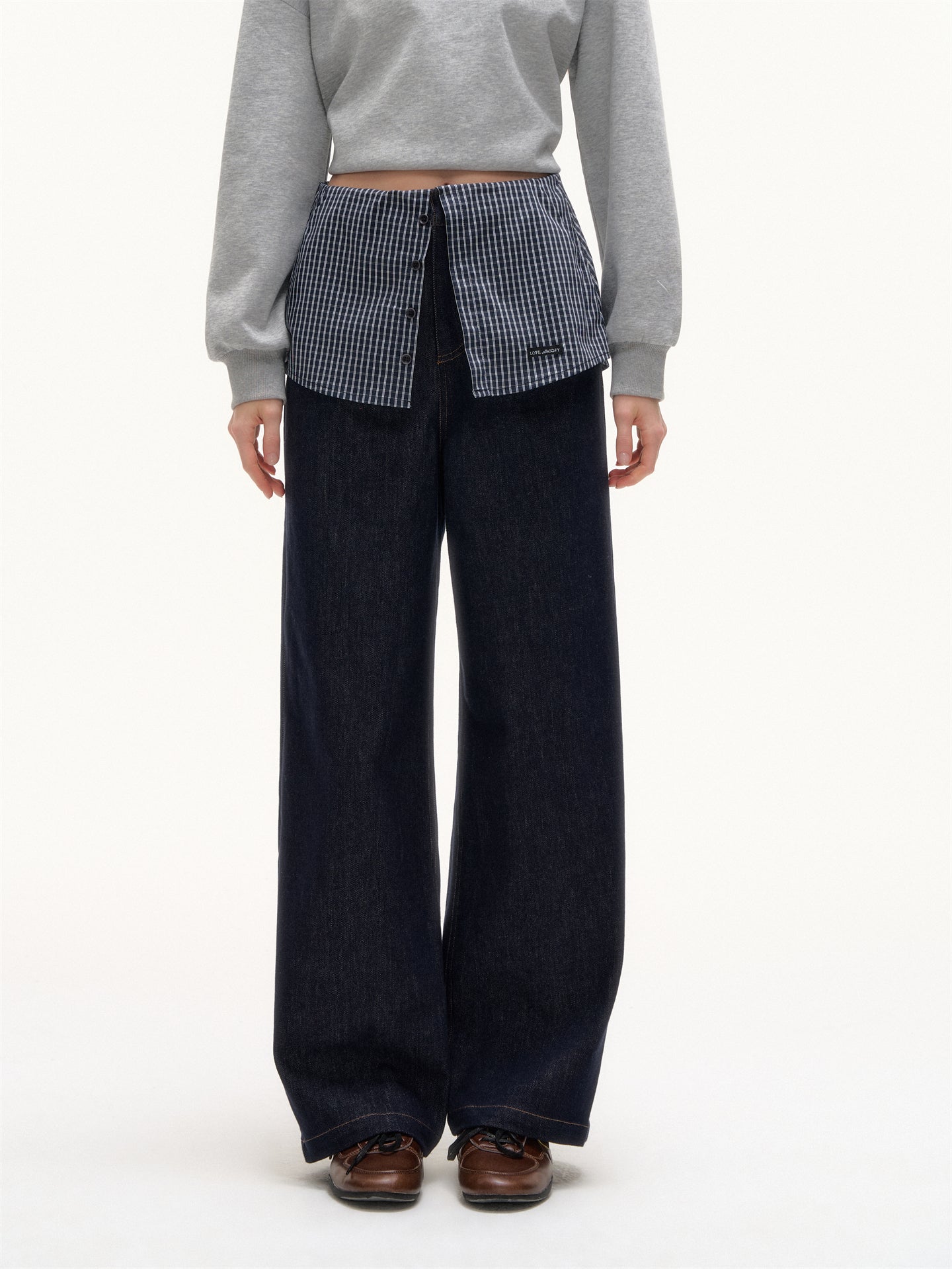 AsGony ASG25423 Checkered splicing fake two-piece straight leg jeans