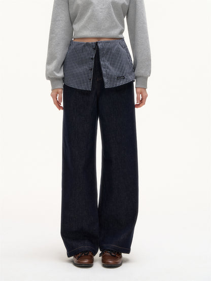 AsGony ASG25423 Checkered splicing fake two-piece straight leg jeans