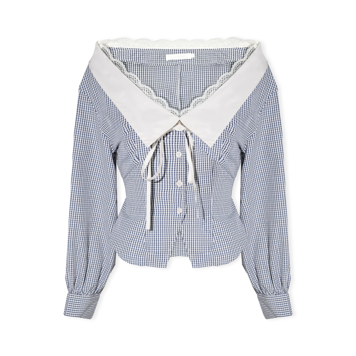 16DEWS 16D26020 Lace edged V-neck plaid patchwork waist cinching shirt