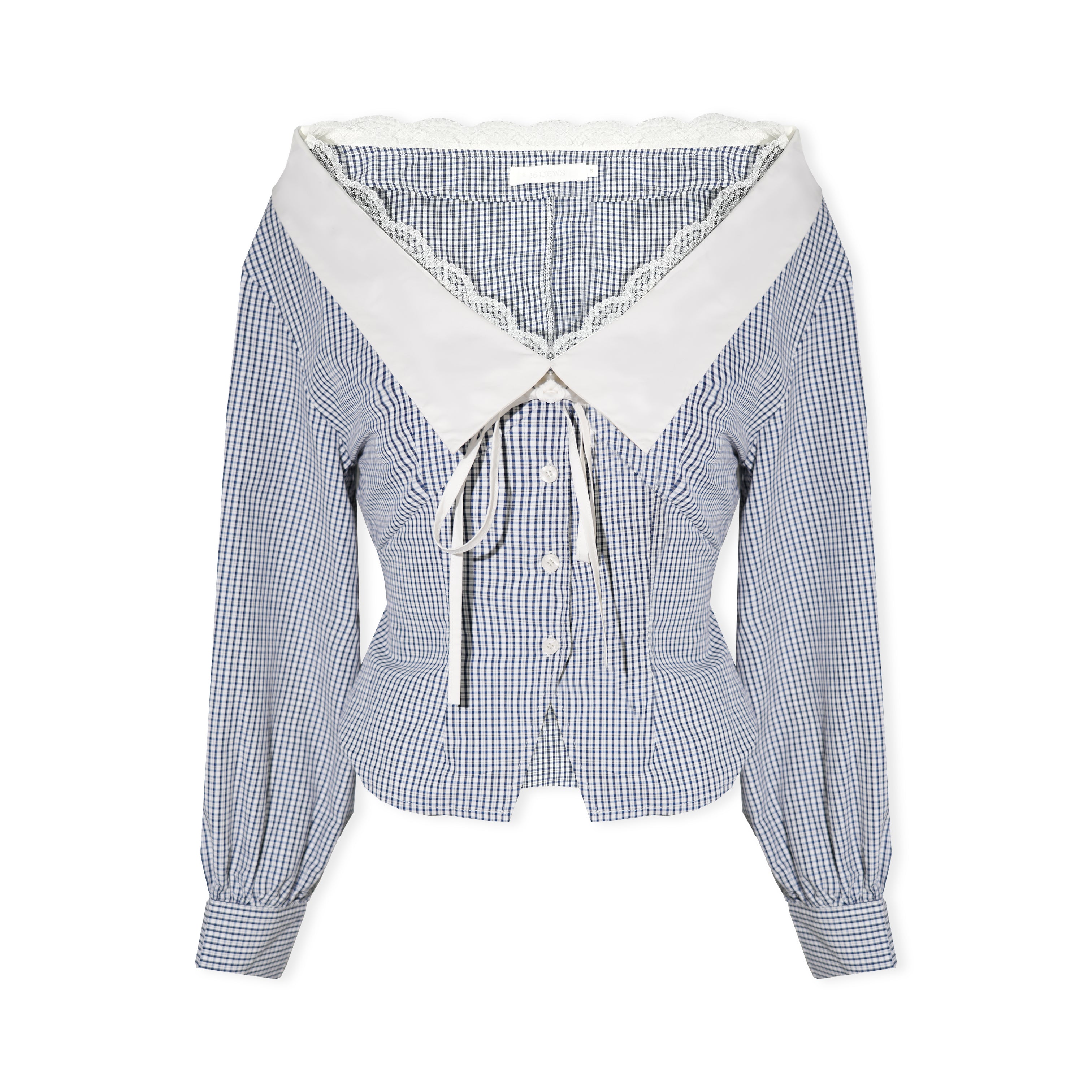 16DEWS 16D26020 Lace edged V-neck plaid patchwork waist cinching shirt