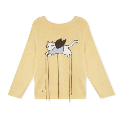 16DEWS 16D26019 Fun cat relaxed round neck pullover knit sweater