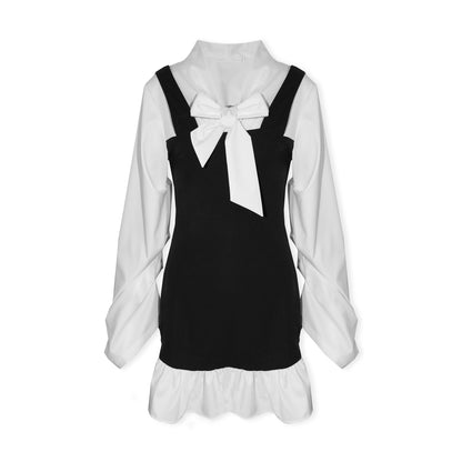 16DEWS 16D26015 Fake two V-neck lace up contrasting splicing slim fit dress