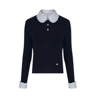 16DEWS 16D26009 Fake two-piece checkered spliced knitted sweater