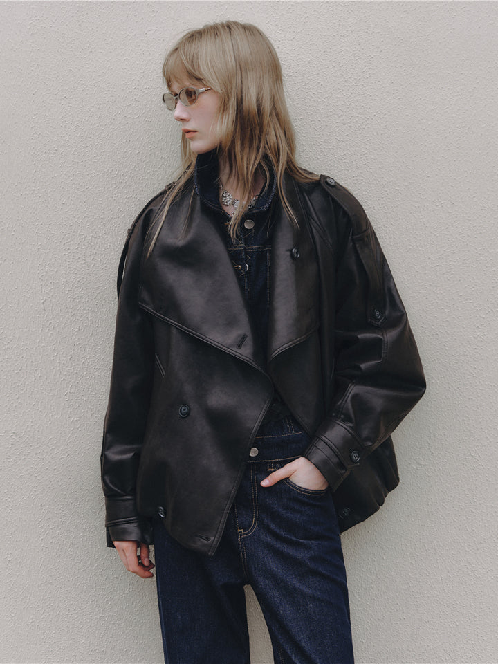 Asgony ASG26542 Oversized Collar Double-Breasted Leather Jacket