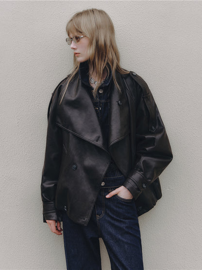Asgony ASG26542 Oversized Collar Double-Breasted Leather Jacket