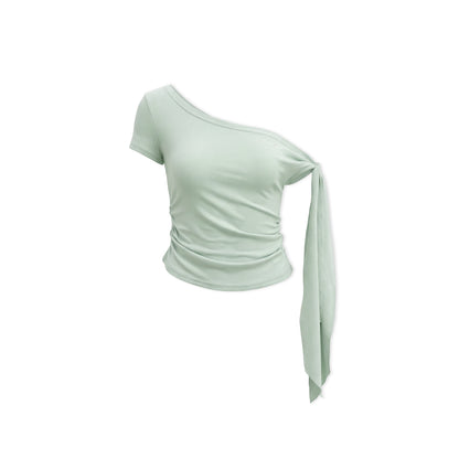 16DEWS 16D246060 Twisted ribbon slanted shoulder slim fit short sleeved T-shirt