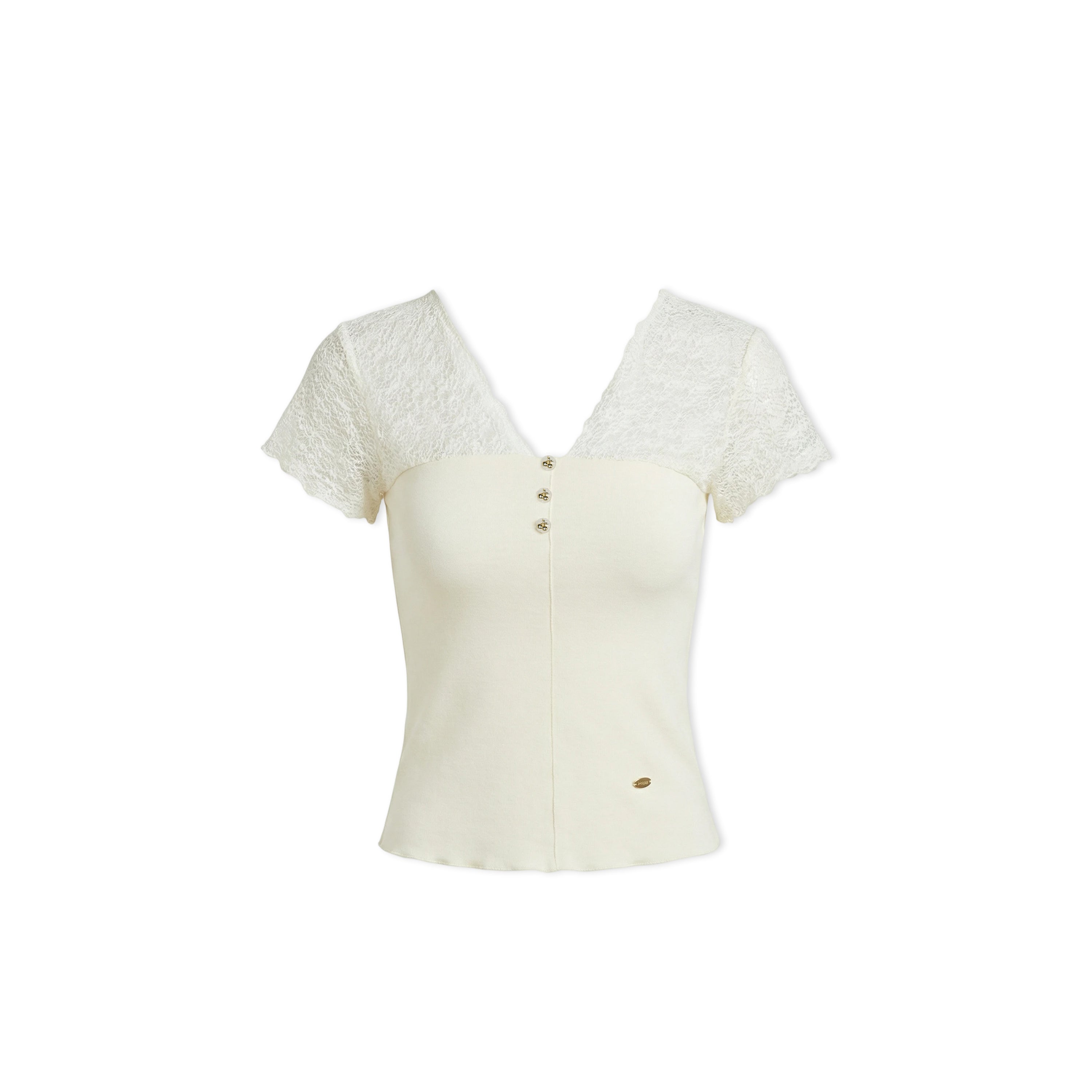 16DEWS 16D246058 Lace patchwork V-neck slim fit short sleeved top