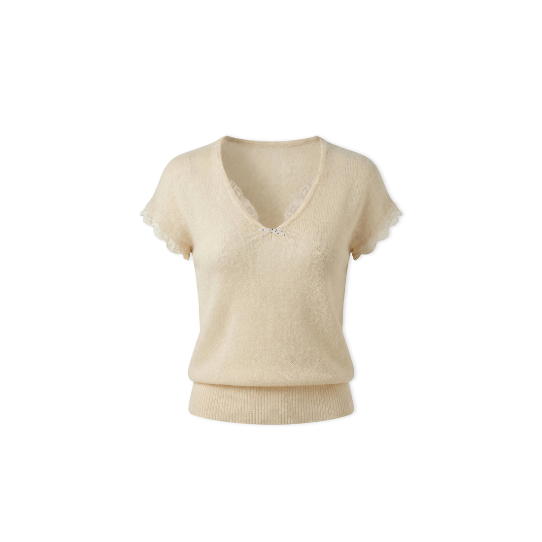 16DEWS 16D246056 V-neck lace lace half sleeved knitted top
