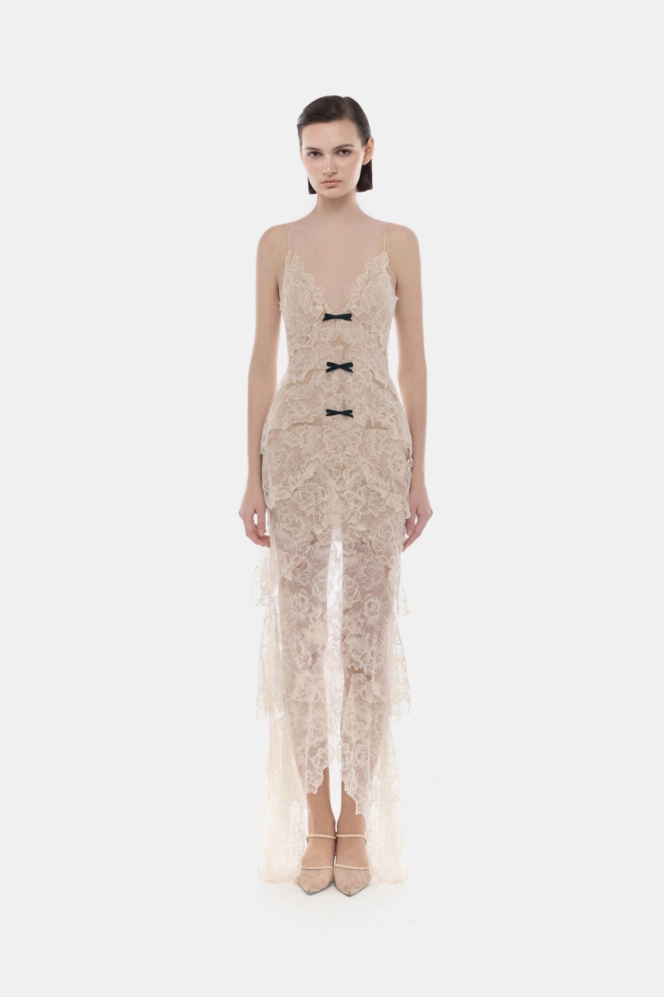Montsand Beige Floral Bow Vneck Maxi Dress