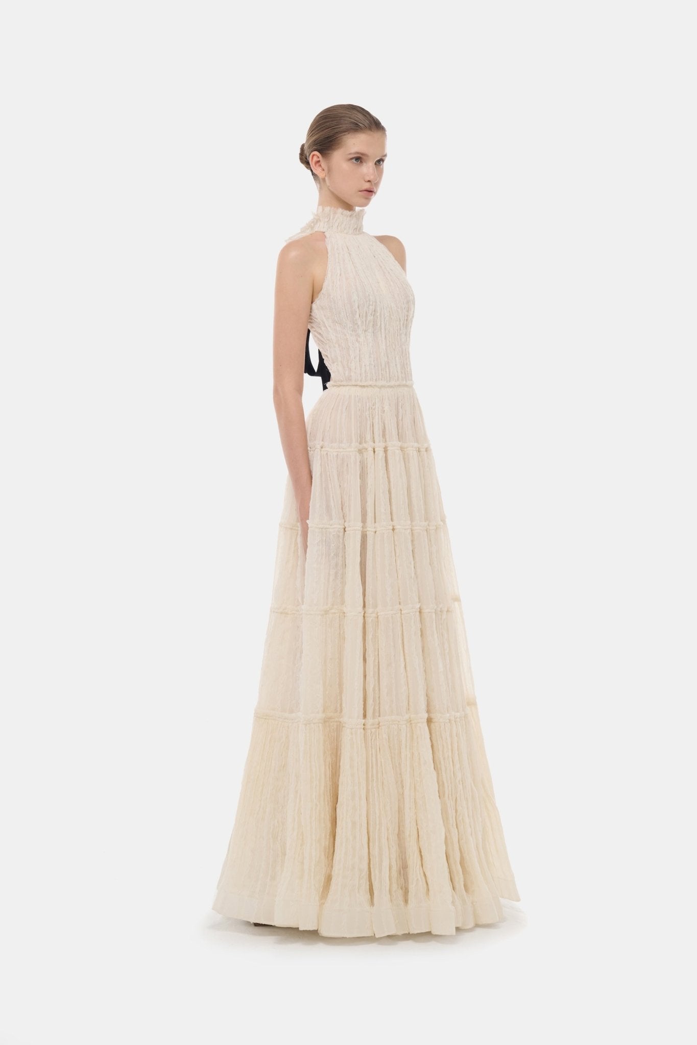 Montsand Ivory Tiered Halter Maxi Dress