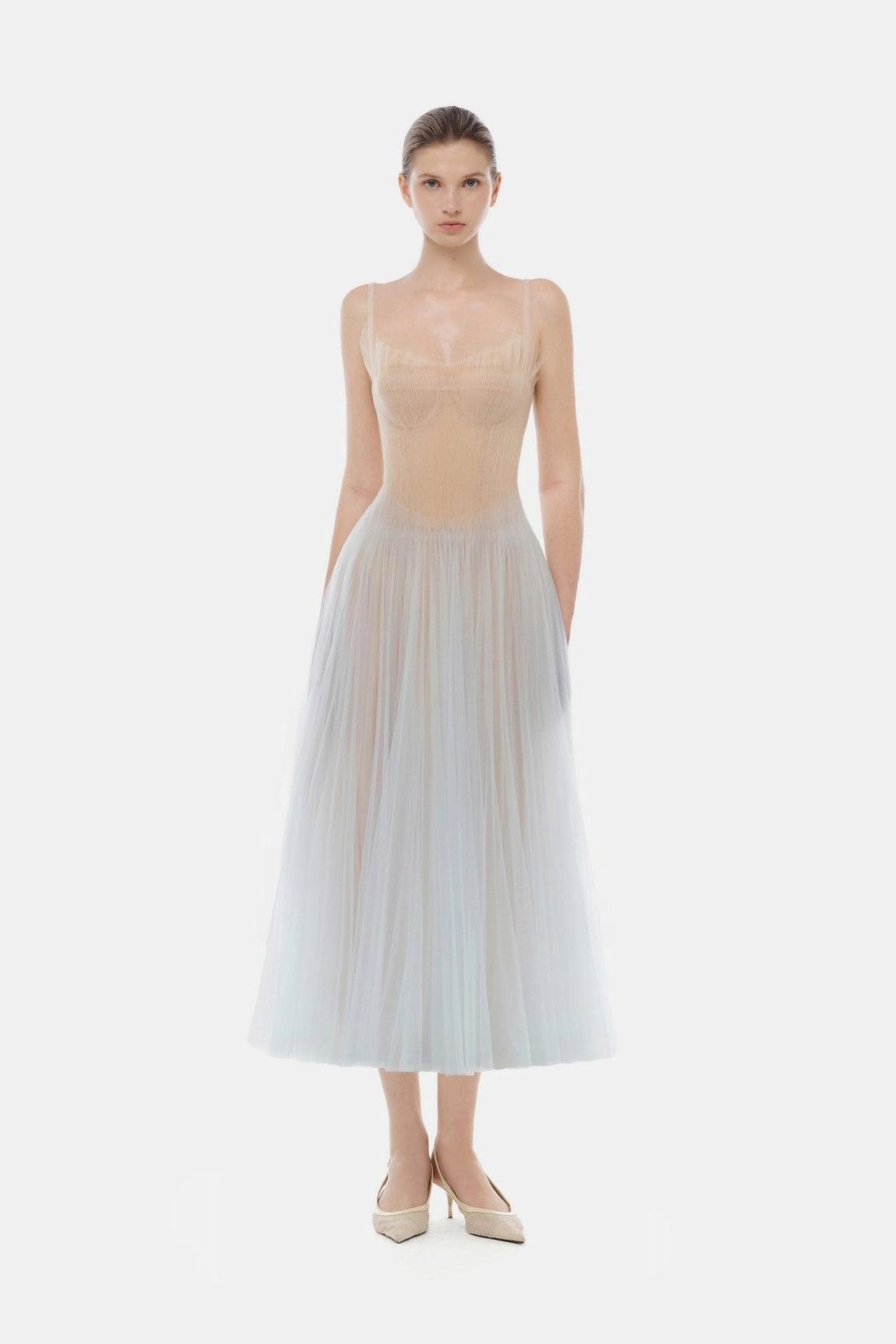 Montsand Blue Corset Tulle Midi Dress