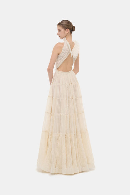 Montsand Ivory Tiered Halter Maxi Dress
