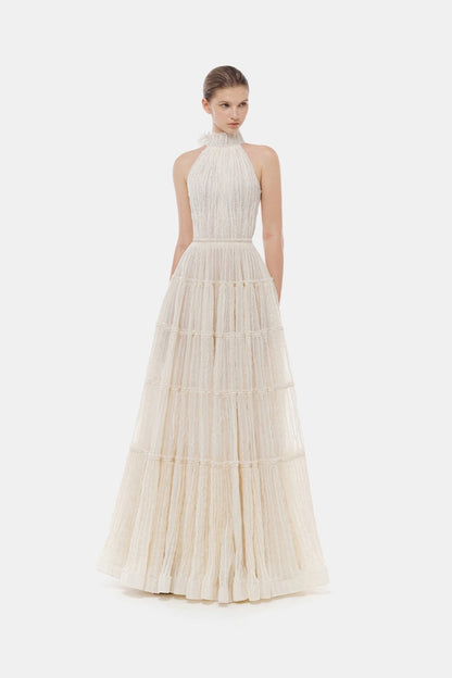 Montsand Ivory Tiered Halter Maxi Dress