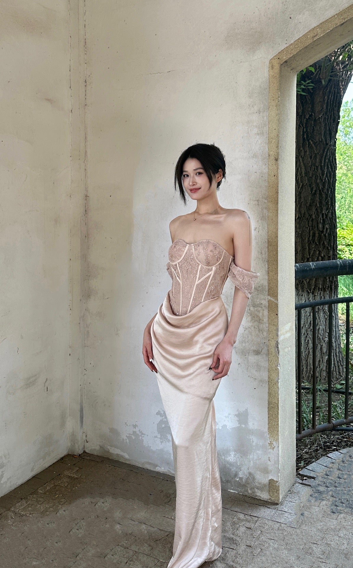 Crow Crew Monica Dress in champagne pink side view