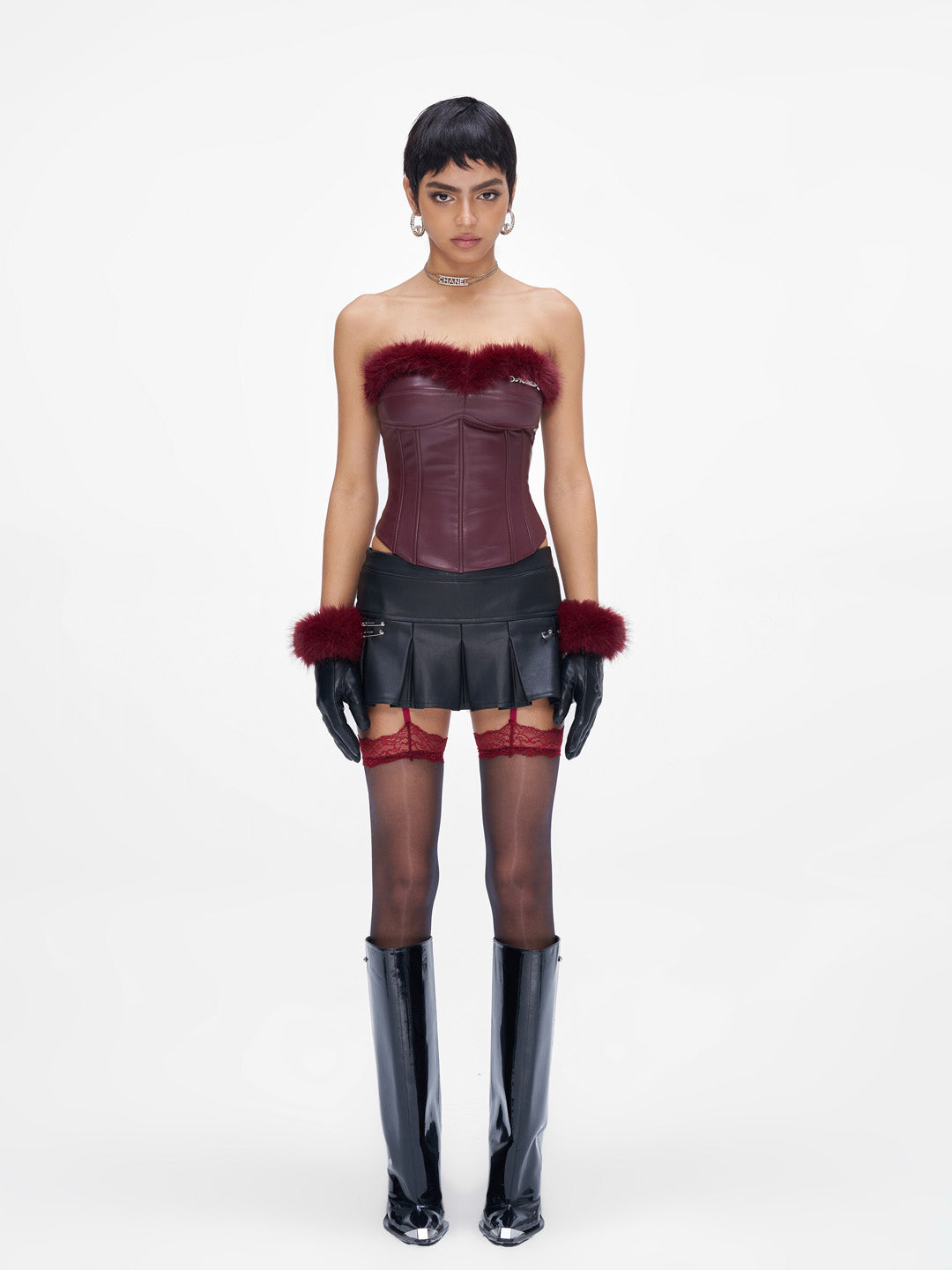 JYOSEI Plush spliced fishbone PU leather corset