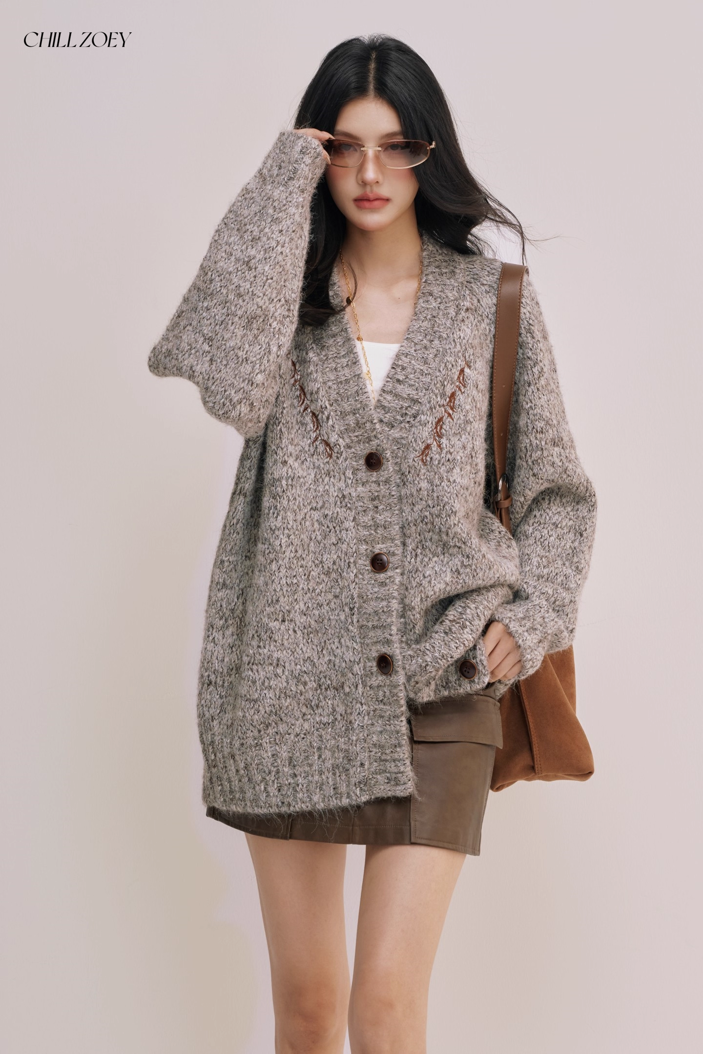 Chill Zoey M690309 Oversized Light Gray Marled Cardigan