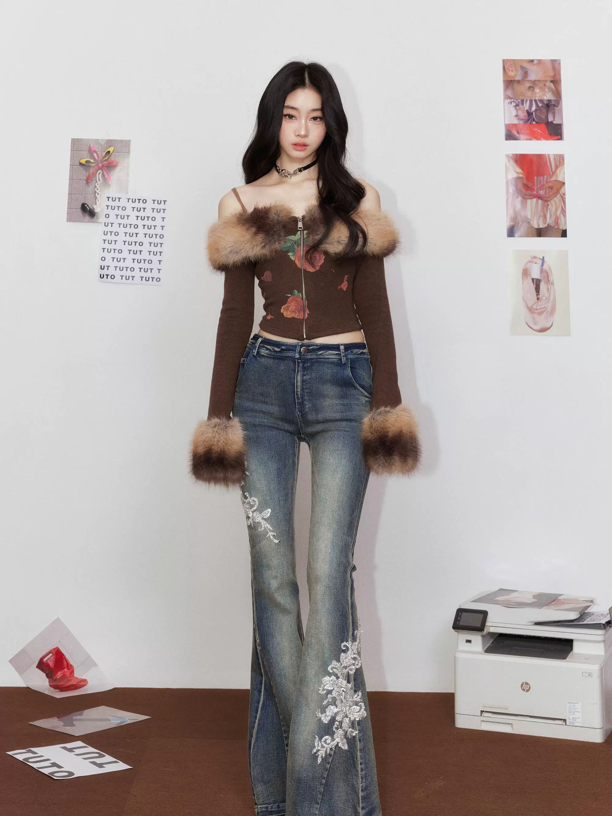 Tut tuto Embroidered bell-bottom jeans