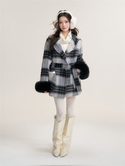 16DEWS 16D25456 Plaid hooded double-sided wool coat