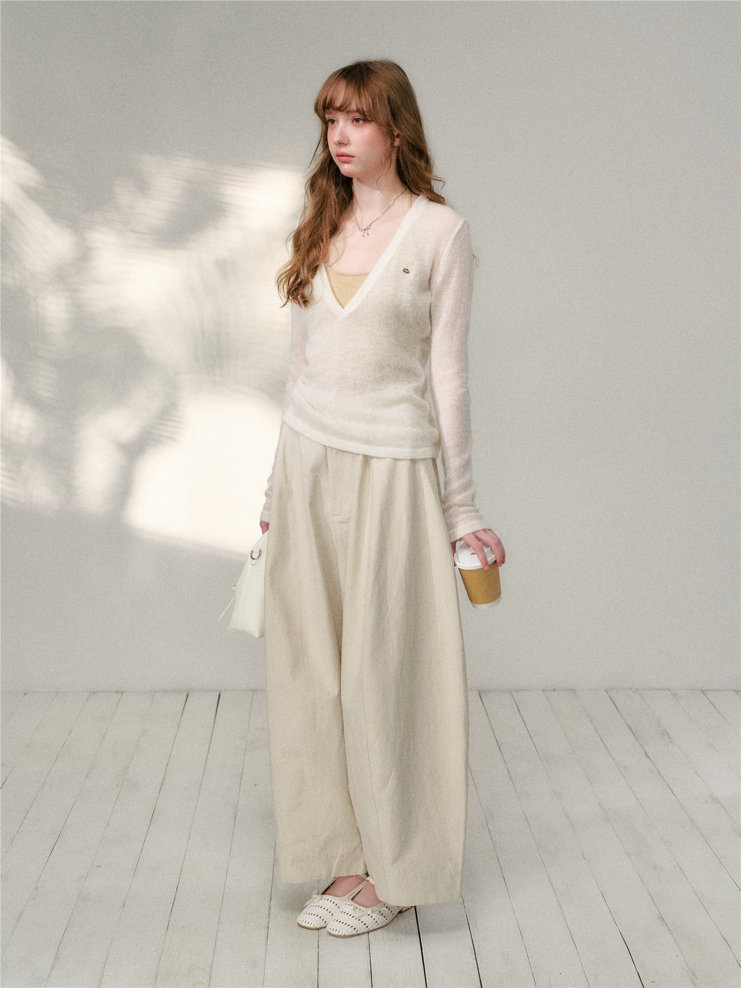 16DEWS 16D26097&amp;16D26098 V-neck wool mohair knitted sweater two-piece set + pants