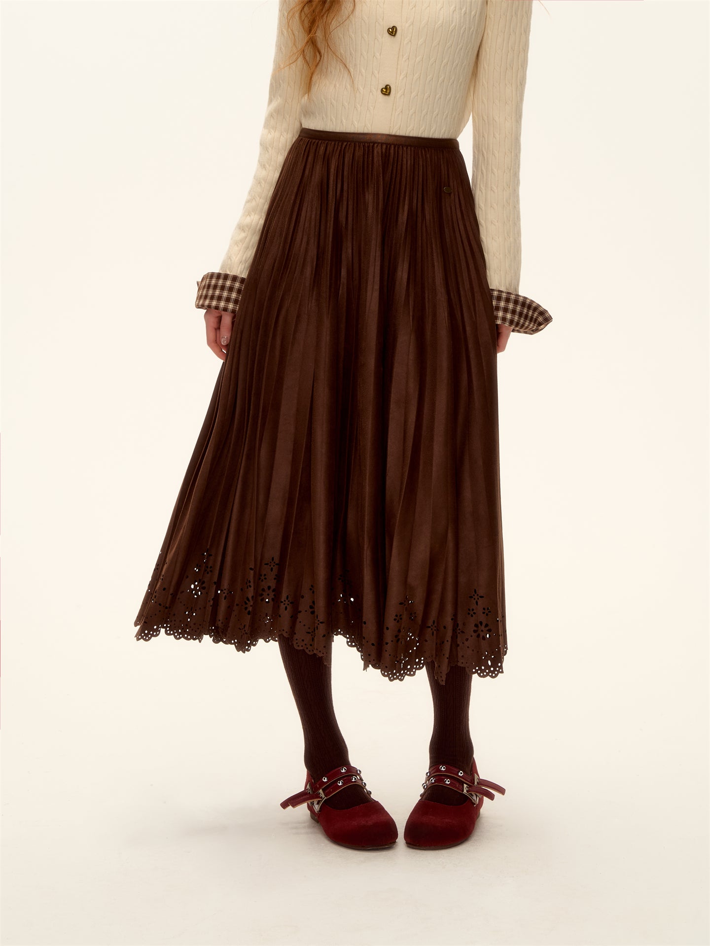 AsGony ASG25477 Hollow lace hem pleated suede long skirt