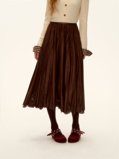 AsGony ASG25477 Hollow lace hem pleated suede long skirt