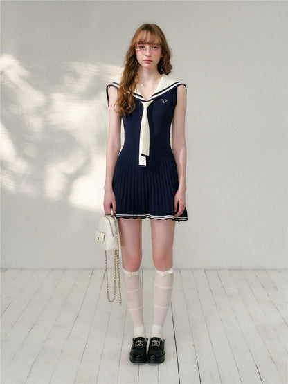 16DEWS 16D26121 Navy collar slim fit sleeveless A-line dress