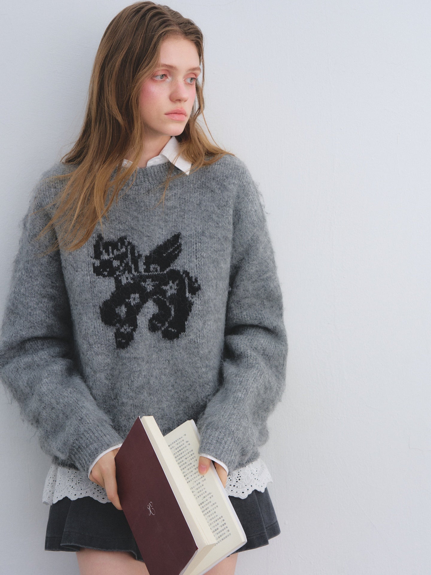 AsGony ASG25649&amp;ASG25679 Wool round neck jacquard sweater + skirt set