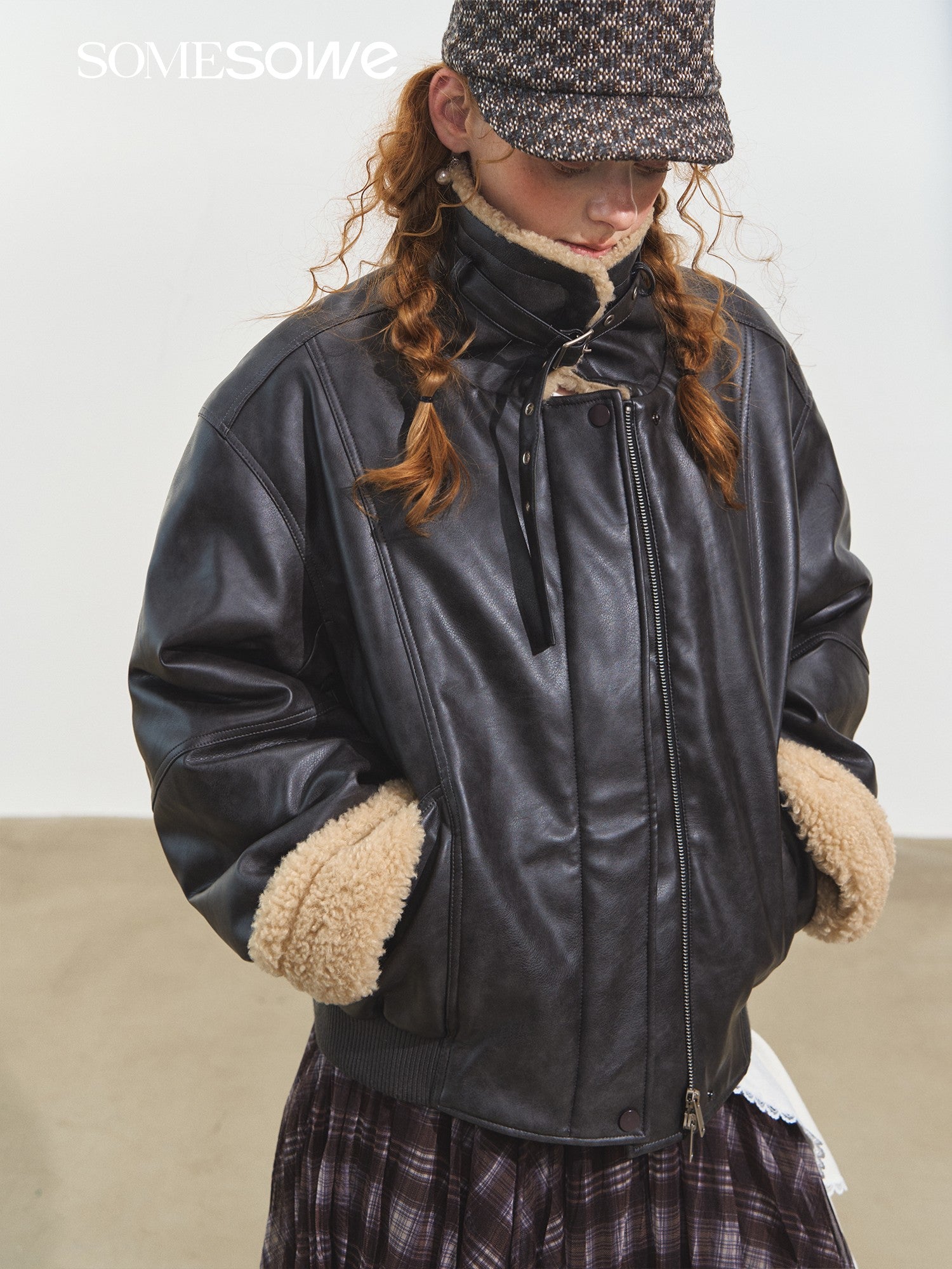 SOMESOWE S2508232 Shearling Motorcycle Jacket with Lapel