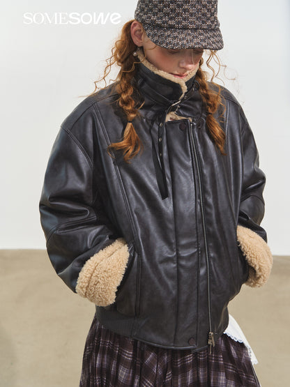 SOMESOWE S2508232 Shearling Motorcycle Jacket with Lapel