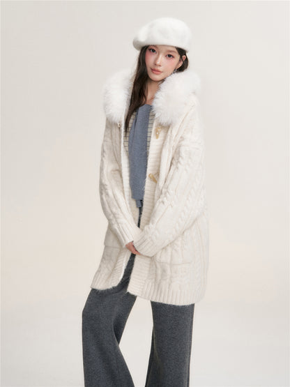16DEWS 16D25462 Knitted hooded mid length sweater jacket