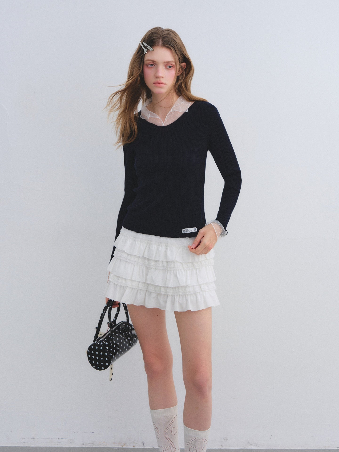 AsGony ASG25664 Polka dot mesh spliced wool base sweater