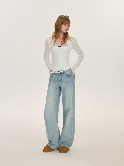 Asgony  ASG26628 Light Blue Curved-Leg Jeans (with Belt)