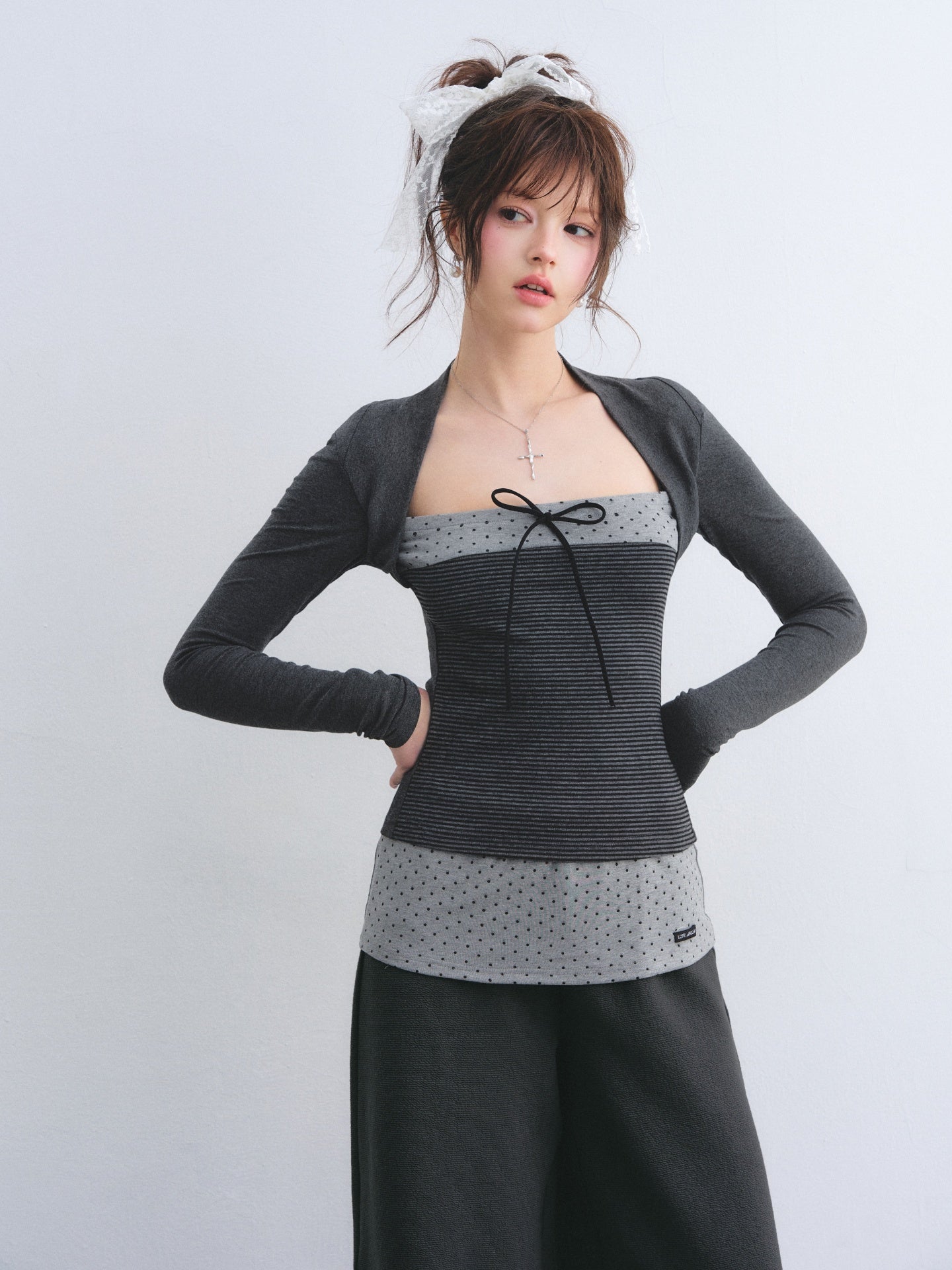 AsGony ASG26032&amp;ASG26033 Color blocked bow polka dot striped patchwork top + pants