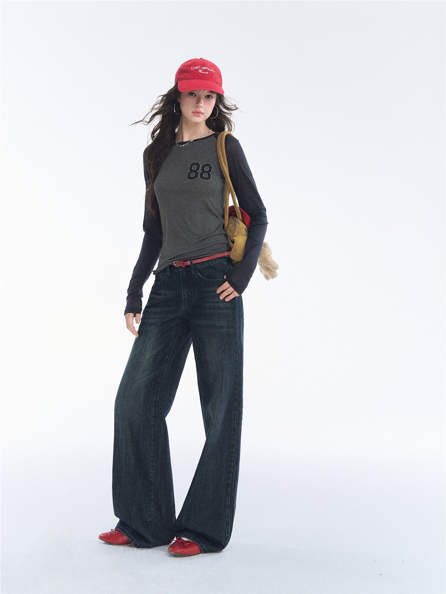 Asgony ASG26551 Low-Rise Straight-Leg Jeans with Red Belt