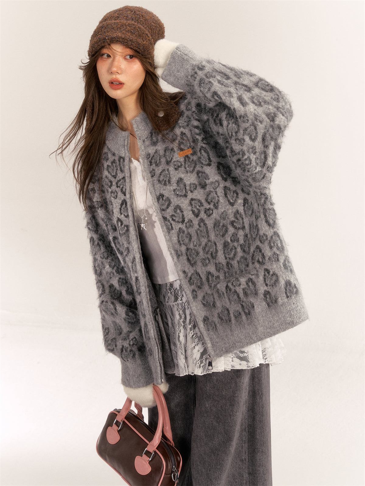 AsGony ASG24550 wool blended loose knitted jacket