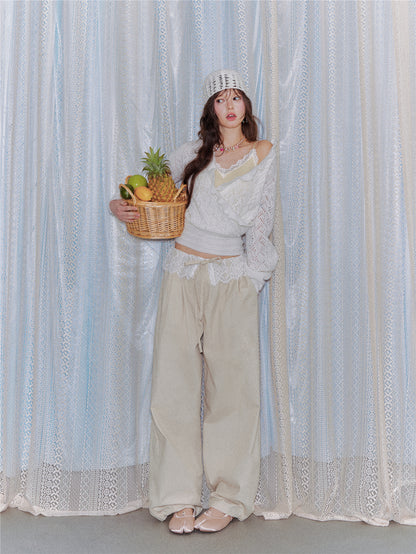 AsGony ASG26024 Lace patchwork drawstring waist wide leg casual pants