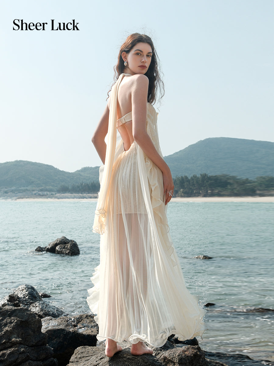 SHEERLUCK SLLYQ26311 Mesh neck hanging backless camisole dress