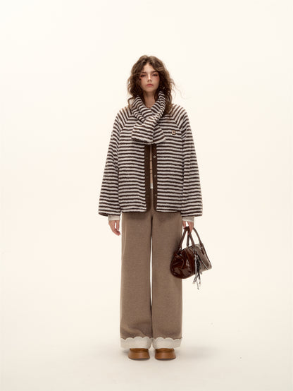 AsGony ASG25458 Double sided striped scarf lamb wool jacket