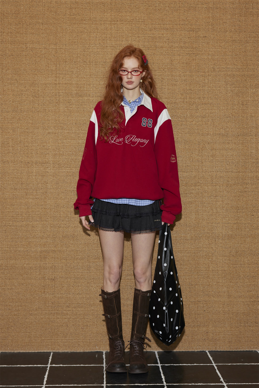 AsGony ASG25439 Color blocking shirt collar embroidered drawstring sweatshirt