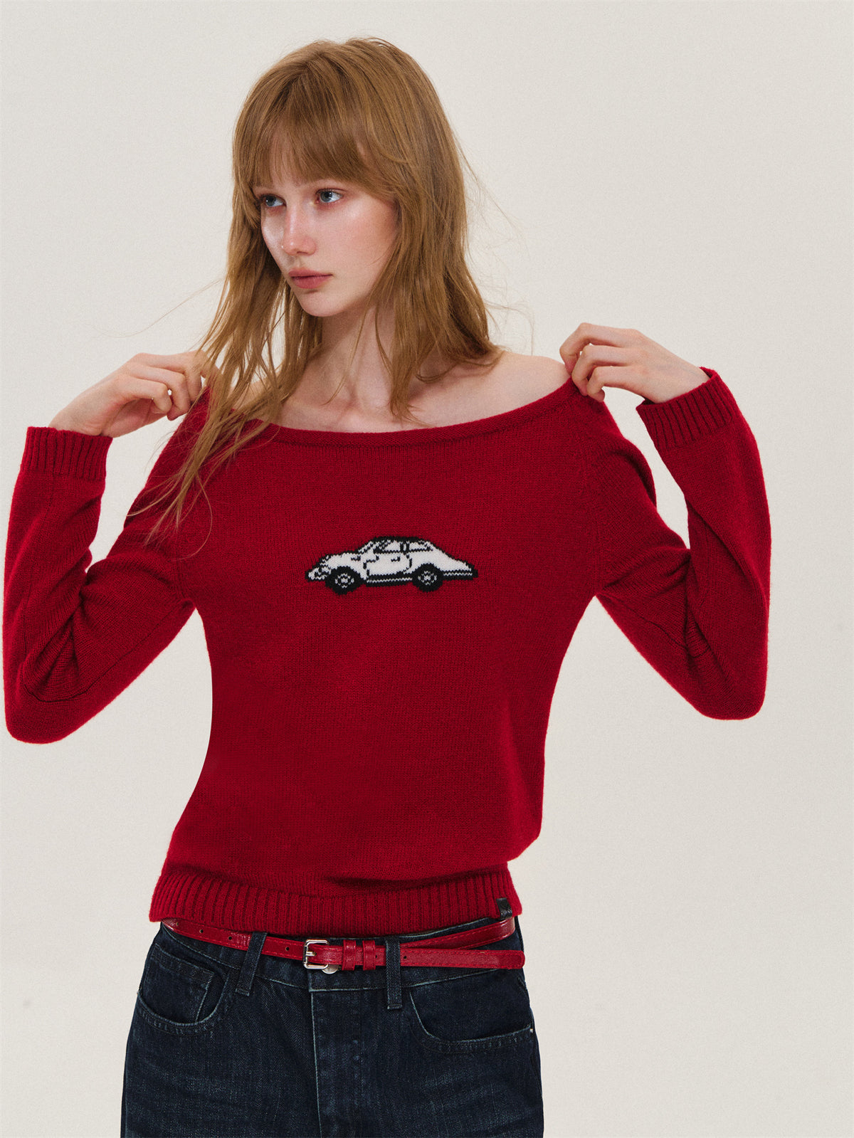 Asgony ASG26577 Car-Print Cropped One-Shoulder Top