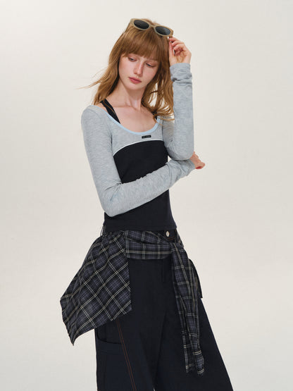 Asgony ASG26614 Ballet-Core U-Neck Faux Layered Top