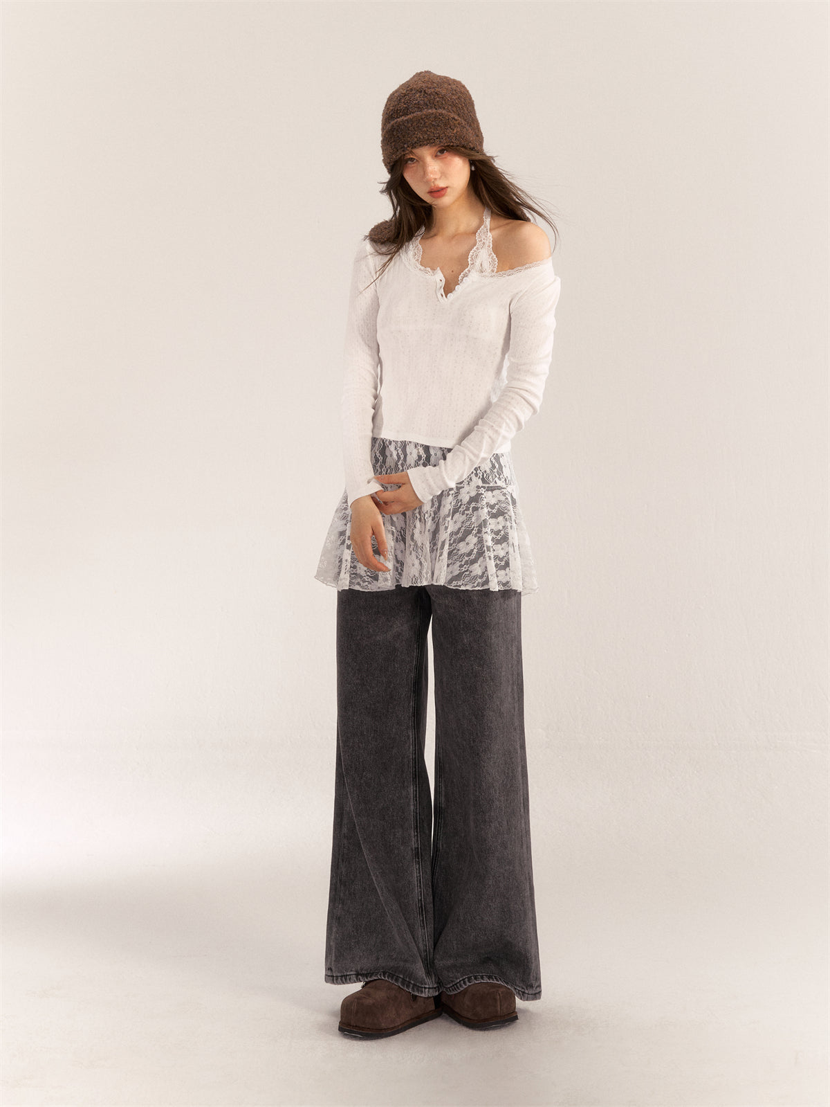 AsGony ASG24547 straight wide leg high waist jeans set