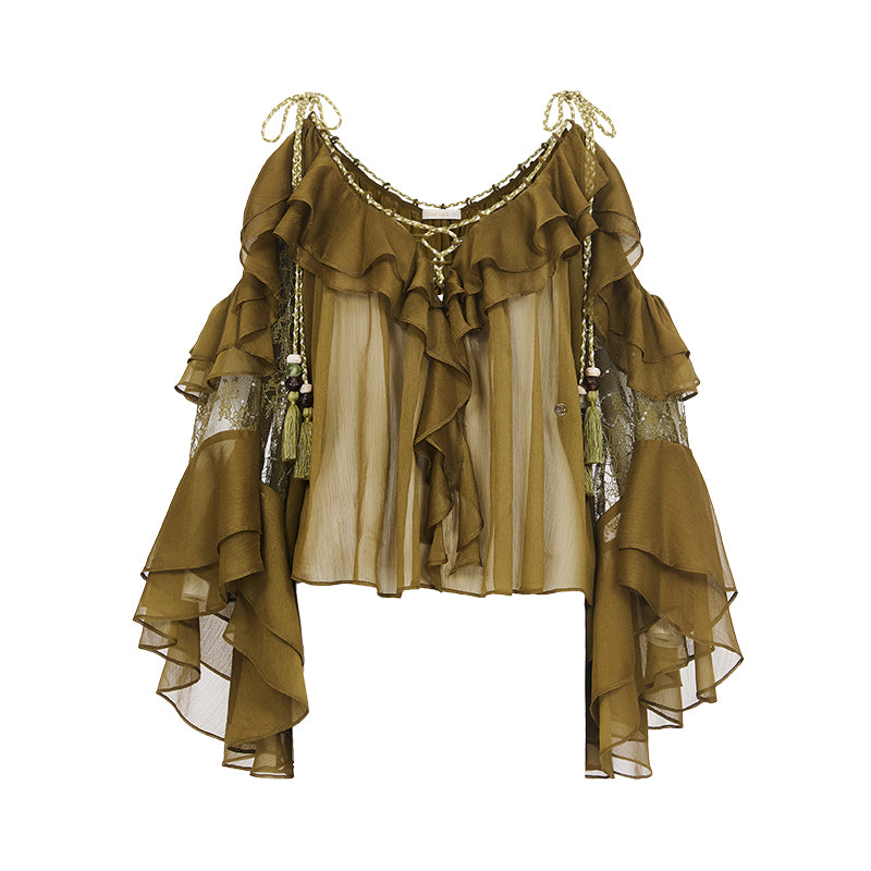 SHEERLUCK SLCY25301 Chiffon ruffled V-neck top